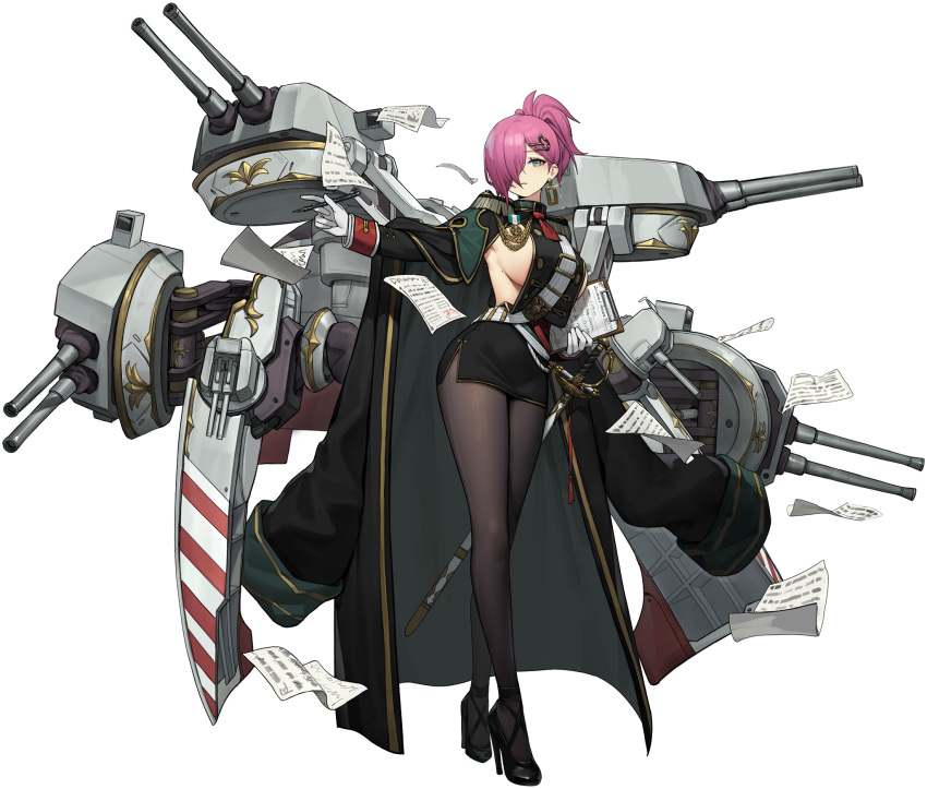 azur_lane belt black_footwear breasts clipboard coat coat_on_shoulders earrings epaulettes female full_body gloves green_eyes hair_ornament hairclip high_heels highres jewelry large_breasts logo long_hair long_legs long_sleeves machinery miniskirt mole mole_on_body mole_under_eye no_bra official_art oversized_clothes pantyhose paper pen purple_hair revealing_clothes romana sideboob simple_background skirt solo sword tied_hair transparent_background trieste_(azur_lane) turret uniform weapon white_gloves