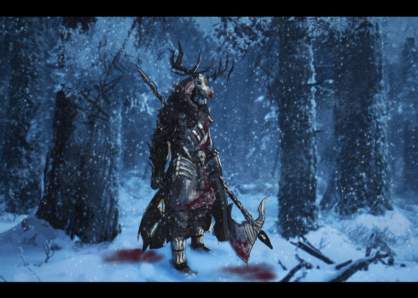 absurdres antlers armor basedbinkie black_pants blood blood_on_clothes branch coat forest forsworn full_body gloves greaves hat highres holding holding_weapon horns letterboxed long_sleeves nature original outdoors pants pine_tree skull snow snowing solo spikes standing the_elder_scrolls the_elder_scrolls_v:_skyrim tree weapon winter