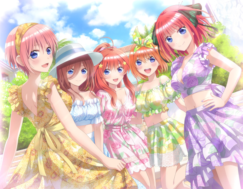 5girls :d blue_eyes blue_sky blush bow_hairband breasts brown_hair cleavage closed_mouth cloud collarbone crop_top day dress go-toubun_no_hanayome green_skirt hair_between_eyes hair_ornament hairband highres layered_dress layered_skirt long_hair looking_at_viewer medium_breasts midriff miniskirt multiple_girls nakano_ichika nakano_itsuki nakano_miku nakano_nino nakano_yotsuba navel open_mouth outdoors pink_dress pink_hair purple_skirt quintuplets red_hair short_hair siblings sisters skirt sky smile star_(symbol) star_hair_ornament stomach studio_viga yellow_dress