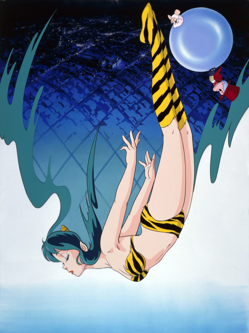 1980s_(style) 1boy absurdly_long_hair animal_print baku_(creature) baku_(urusei_yatsura) bikini boots cityscape closed_eyes cone_horns eyeshadow female full_body green_hair highres horns knee_boots lipstick long_hair lum makeup mujaki_(urusei_yatsura) navel official_art pig profile retro_artstyle solo_focus strapless strapless_bikini swimsuit tiger_print upside-down urusei_yatsura very_long_hair