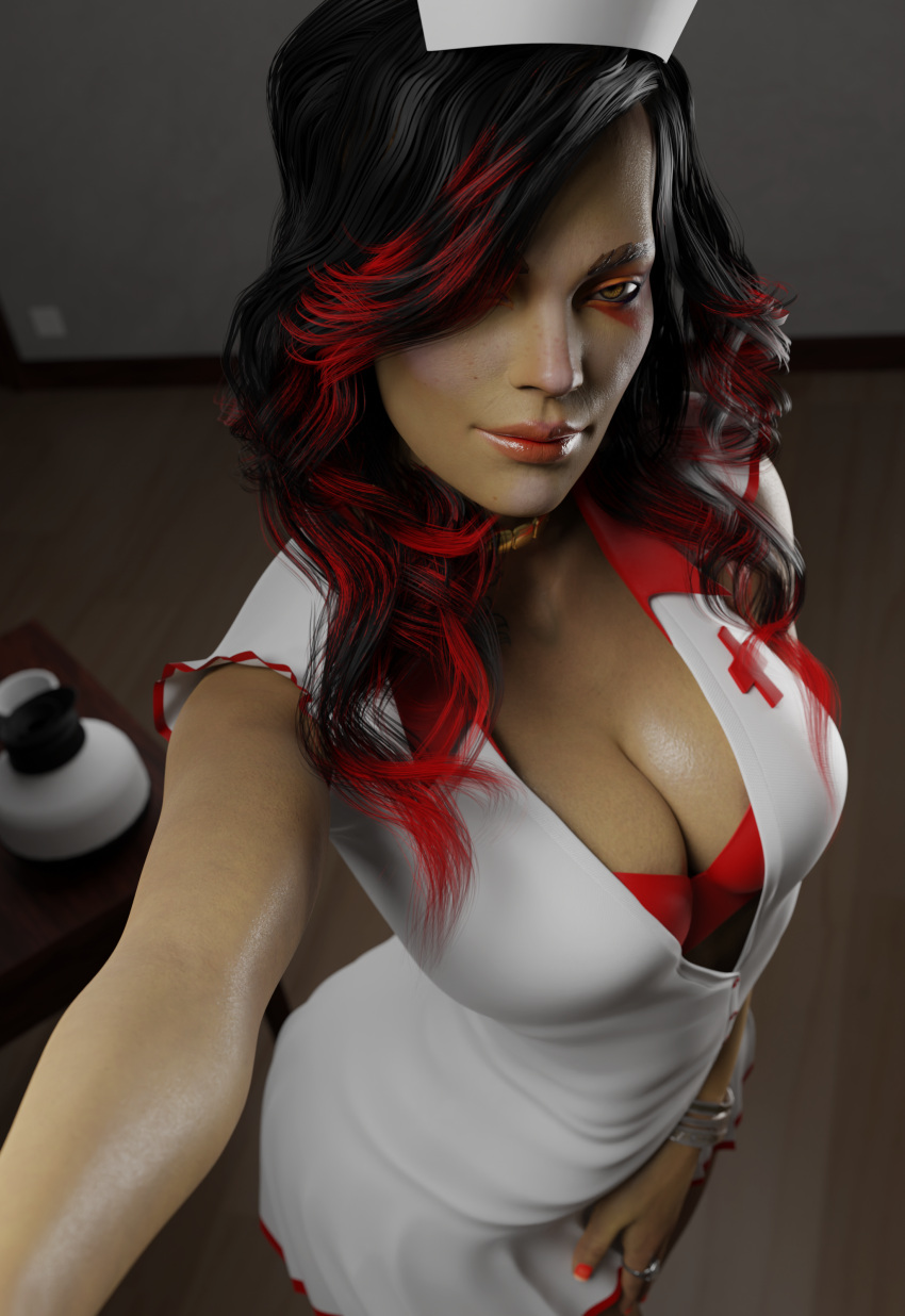 1girls 3d alternate_hairstyle apex_legends breasts brunette cleavage dark-skinned_female dark_skin female female_only francis_brown fully_clothed large_breasts latina loba loba_(apex_legends) loba_andrade long_hair looking_at_viewer nurse_uniform selfie solo