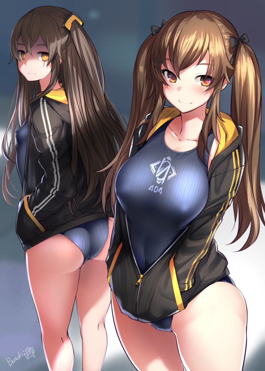 2girls 404_logo_(girls'_frontline) :3 absurdres artistic_error ass black_jacket blue_one-piece_swimsuit blurry blurry_background bosshi breasts brown_eyes brown_hair closed_mouth collarbone competition_swimsuit covered_nipples cowboy_shot depth_of_field enty_reward girls'_frontline hair_ornament hair_ribbon hairclip hands_in_pockets highres jacket large_breasts long_hair long_sleeves looking_at_viewer matching_outfits medium_breasts multiple_girls no_scar one-piece_swimsuit one_side_up orange_eyes paid_reward ribbon small_breasts smile standing swimsuit swimsuit_under_clothes twintails ump45_(girls'_frontline) ump9_(girls'_frontline)