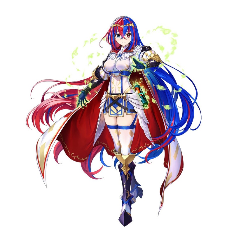 alear_(awoken_divinity)_(fire_emblem) alear_(female)_(fire_emblem) alear_(fire_emblem) armor blue_eyes blue_hair braid breasts crossed_bangs crown_braid female fire_emblem fire_emblem_engage fire_emblem_heroes full_body gloves heterochromia jewelry kousei_horiguchi long_hair looking_at_viewer medium_breasts miniskirt multicolored_hair official_art red_eyes skirt smile solo split-color_hair tiara two-tone_hair very_long_hair zettai_ryouiki