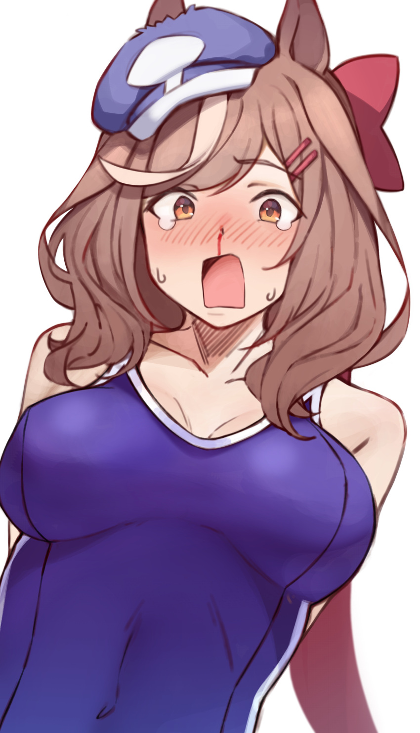 absurdres animal_ears aroused_nosebleed bare_shoulders blood breasts brown_eyes brown_hair cleavage collarbone commentary_request ears_through_headwear female highres horse_ears horse_girl long_hair looking_at_viewer matikane_tannhauser_(umamusume) medium_breasts multicolored_hair nosebleed open_mouth partial_commentary pirukusu school_swimsuit simple_background solo streaked_hair swimsuit tearing_up tracen_swimsuit umamusume white_background