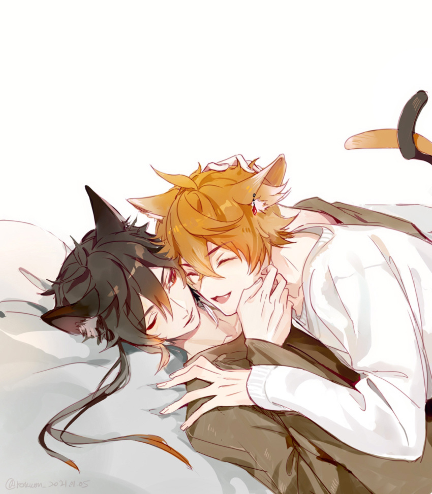 2boys animal_ears artist_name black_hair black_sweater cat_ears cat_tail closed_eyes cuddling ear_piercing gem genshin_impact hand_on_another's_shoulder hand_on_head headpat highres intertwined_tails jewelry lying male_focus messy_hair multicolored_hair multiple_boys oerba_yun_fang on_back on_bed one_eye_closed orange_hair piercing rokuon short_hair simple_background smile sweater tail tartaglia_(genshin_impact) white_background white_sweater yaoi zhongli_(genshin_impact)