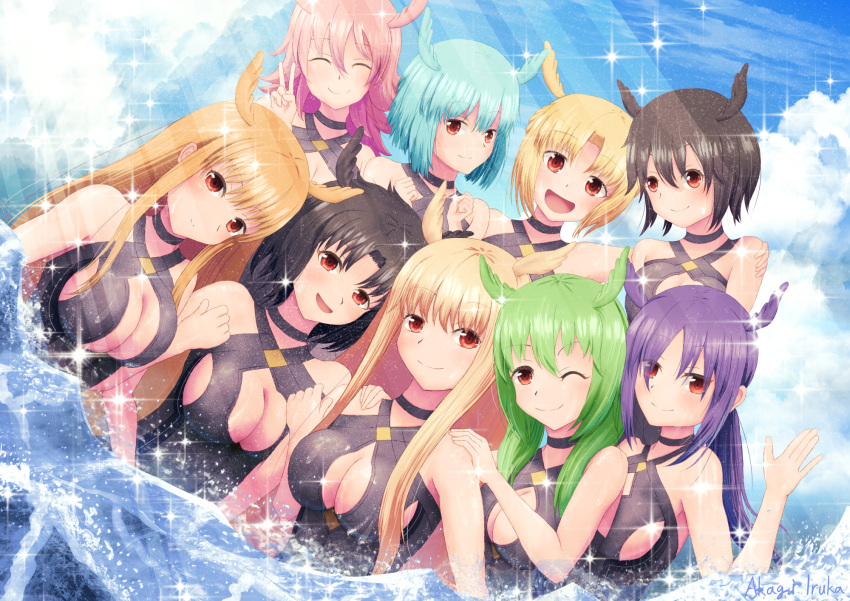 6+girls :d akagi_iruka bare_shoulders black_choker black_hair black_one-piece_swimsuit blonde_hair blue_hair blue_sky blush breasts choker cleavage cleavage_cutout closed_eyes clothing_cutout commentary_request day fate/grand_order fate_(series) geirskogul_(fate) green_hair hand_on_another's_shoulder head_wings highres hildr_(fate) hildr_(swimsuit_assassin)_(fate) large_breasts light_blue_hair long_hair looking_at_viewer multiple_girls ocean olrun_(fate) one-piece_swimsuit one_eye_closed ortlinde_(fate) ortlinde_(swimsuit_assassin)_(fate) outdoors partially_submerged pink_hair purple_hair red_eyes rindr_(fate) short_hair sky smile sparkle swimsuit thrud_(fate) thrud_(swimsuit_assassin)_(fate) upper_body v valkyrie_(fate) water wings