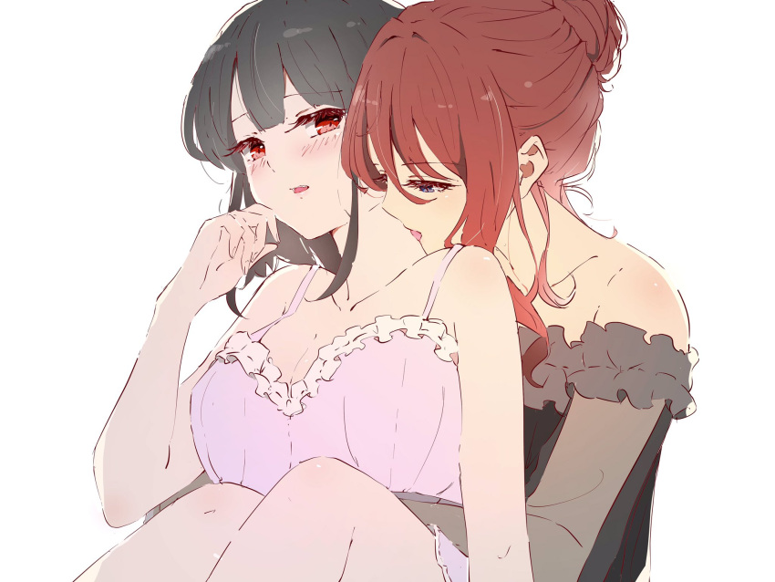 2girls black_hair blue_eyes blush breasts camisole cleavage closed_eyes highres hug hug_from_behind ilia_coral lainie_cyan large_breasts licking licking_another's_neck multiple_girls parted_lips red_eyes red_hair simple_background teeth tensei_oujo_to_tensai_reijou_no_mahou_kakumei tongue upper_teeth_only user_ctzu3228 white_background yuri