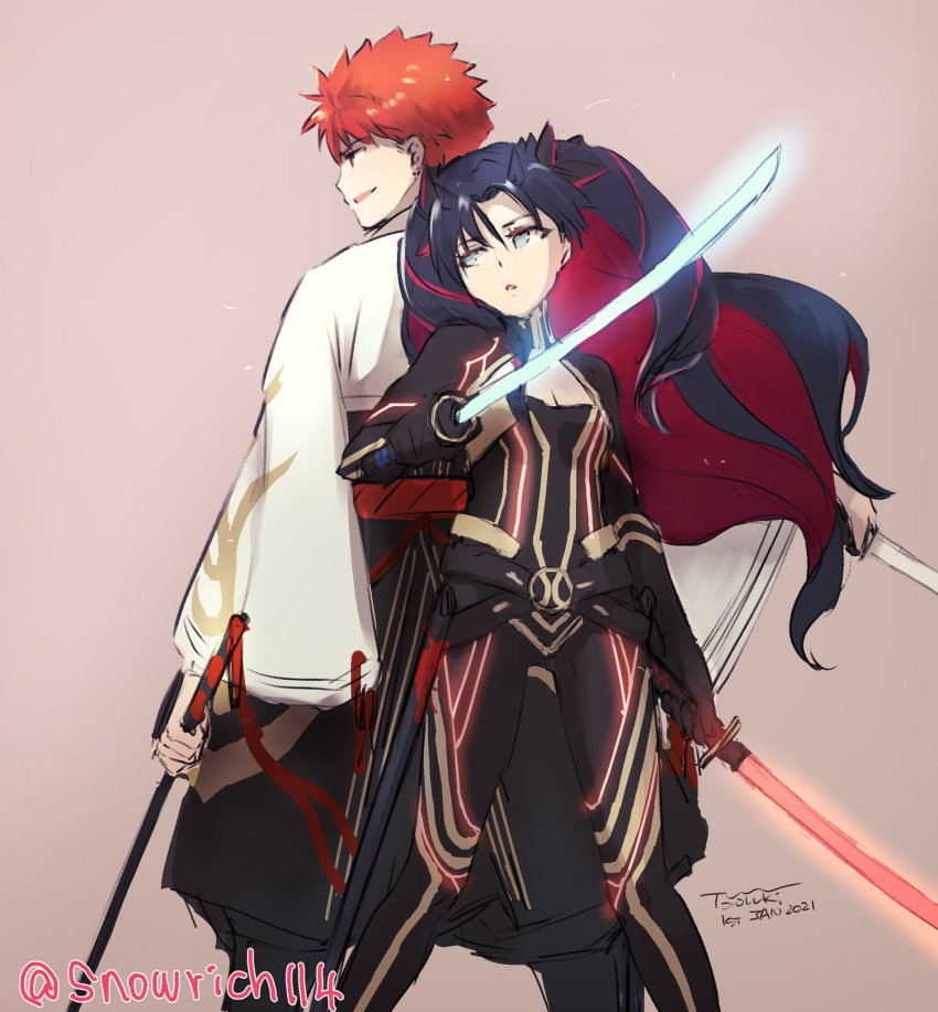 1boy back-to-back black_hair bodysuit cowboy_shot dated dual_wielding emiya_shirou fate/grand_order fate_(series) female highres holding holding_sword holding_weapon iida_toyoyuki ishtar_(fate) katana long_hair looking_to_the_side multicolored_hair orange_hair senji_muramasa_(fate) senji_muramasa_(second_ascension)_(fate) signature simple_background space_ishtar_(fate) space_ishtar_(first_ascension)_(fate) sword twitter_username two-tone_hair weapon