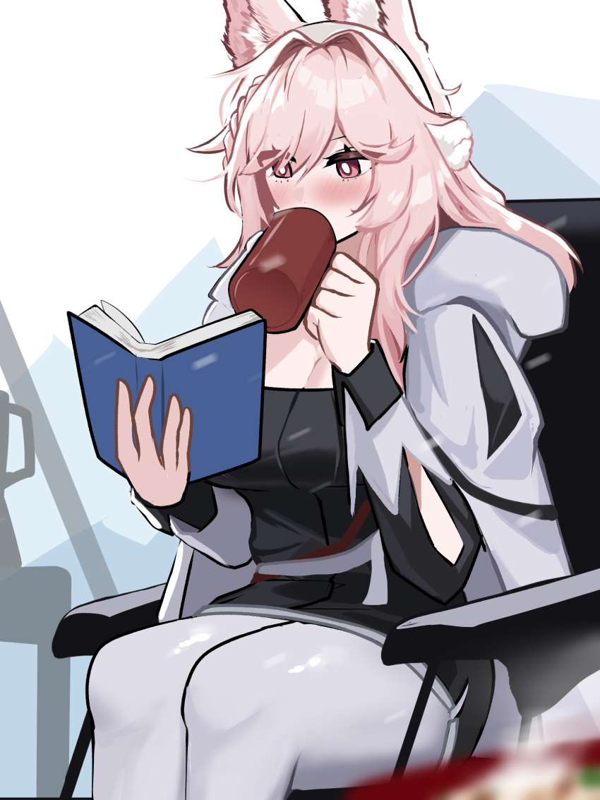 animal_ears arknights blush book breasts chair cleavage commentary cup feet_out_of_frame female grey_pants hair_intakes hairband highres holding holding_book holding_cup leggings long_hair long_sleeves mug pants pink_eyes pink_hair pozyomka_(arknights) pozyomka_(snowy_plains_in_words)_(arknights) sitting solo thighs tofudofu white_hairband wolf_ears