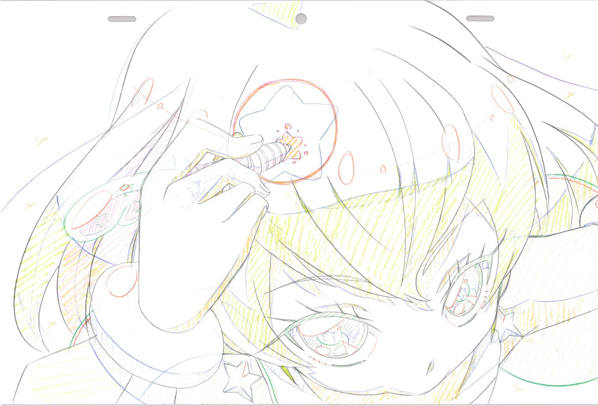 animation_paper close-up color_trace colored_pencil_(medium) commentary_request cure_milky earrings female foreshortening from_above hagoromo_lala henshin highres holding holding_pen itaoka1 jewelry key_frame partially_colored pen precure production_art see-through see-through_sleeves solo star_(symbol) star_color_pen star_earrings star_twinkle_precure traditional_media trim_marks