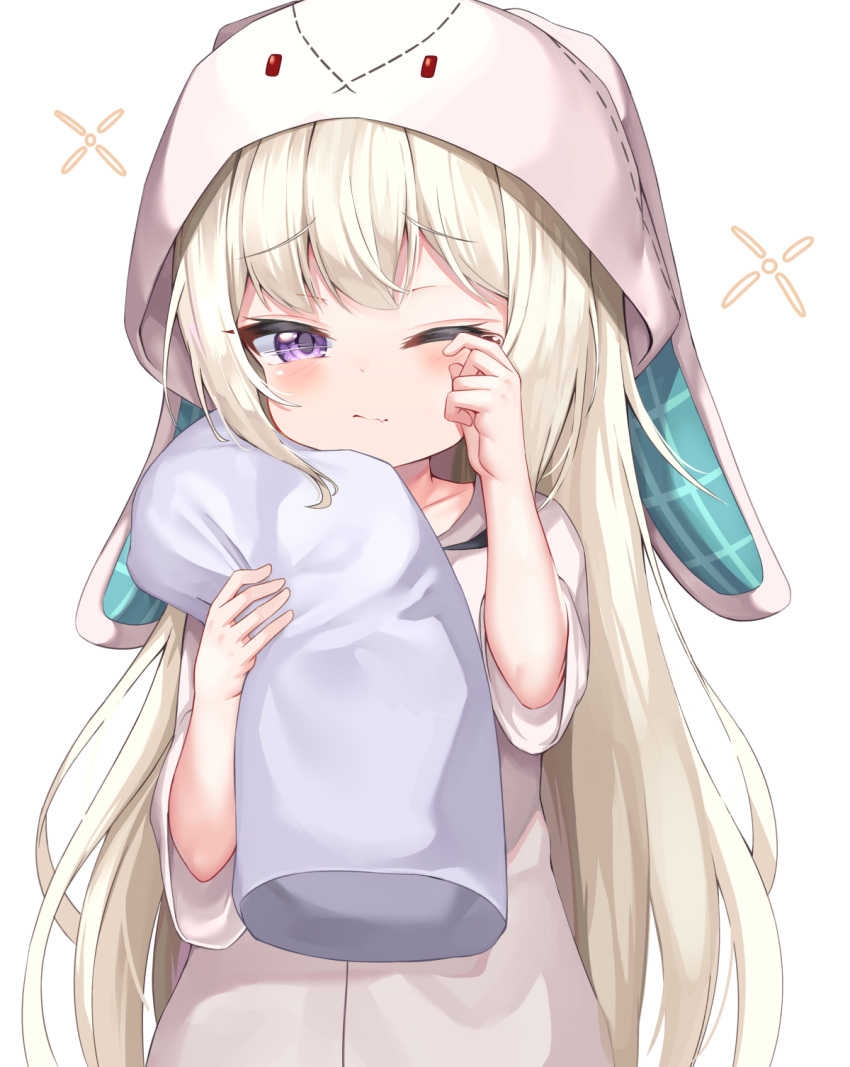 animal_hood arm_up blonde_hair blush choppy_bangs closed_mouth collarbone commentary_request female furrowed_brow hand_up highres holding holding_pillow hood hood_up long_hair looking_at_viewer mannack maplestory oerba_yun_fang one_eye_closed orchid_(maplestory) pillow purple_eyes rabbit_hood shirt short_sleeves simple_background skin_fang sleepy solo tears upper_body white_background white_shirt wide_sleeves