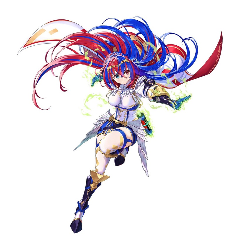 alear_(awoken_divinity)_(fire_emblem) alear_(female)_(fire_emblem) alear_(fire_emblem) armor blue_eyes blue_hair blue_shorts braid breasts crossed_bangs crown_braid female fire_emblem fire_emblem_engage fire_emblem_heroes full_body gloves heterochromia jewelry kousei_horiguchi long_hair looking_at_viewer medium_breasts miniskirt multicolored_hair official_art red_eyes short_shorts shorts skirt smile solo split-color_hair tiara two-tone_hair very_long_hair zettai_ryouiki