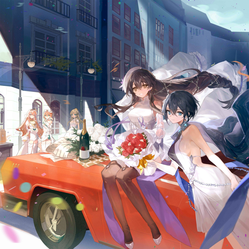 5girls animal arm_behind_back artist_request ass backless_outfit black_hair black_thighhighs blonde_hair blue_eyes bottle bouquet breasts bridal_veil brown_eyes brown_hair building car closed_mouth confetti cup day dress drinking_glass elbow_gloves girls'_frontline gloves green_eyes grin hamster hat highres holding holding_animal holding_bouquet k5_(array_of_venus)_(girls'_frontline) k5_(girls'_frontline) lamppost large_breasts leaning_on_object lewis_(girls'_frontline) lewis_(purple_iris_drunken_butterfly)_(girls'_frontline) light_rays long_hair looking_at_viewer looking_to_the_side m1_garand_(girls'_frontline) m1_garand_(letter_from_the_winter_cypress)_(girls'_frontline) motor_vehicle multiple_girls off_shoulder official_alternate_costume official_art open_mouth orange_eyes orange_hair outdoors p22_(girls'_frontline) p22_(waltz_of_fantasy)_(girls'_frontline) pinstripe_jacket pinstripe_pattern red_car short_hair sitting_on_car smile standing striped t77_(girls'_frontline) t77_(starlight_across_the_shore)_(girls'_frontline) thighhighs third-party_source tire veil very_long_hair wedding_dress white_dress white_footwear white_gloves white_headwear white_thighhighs wine_bottle wine_glass