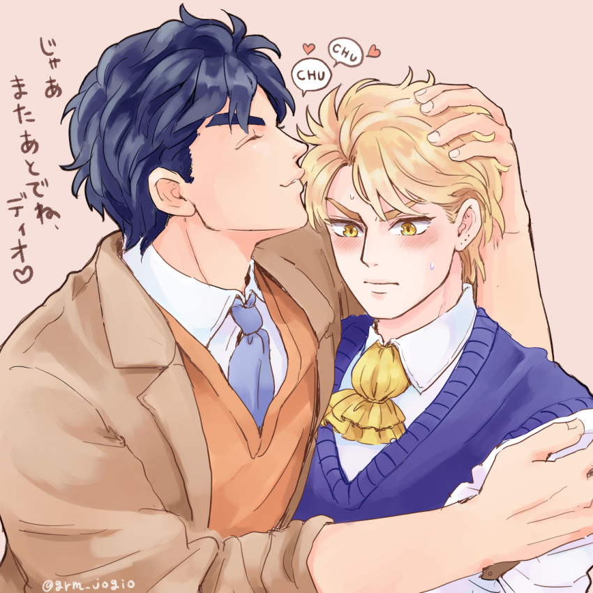 2boys blonde_hair blue_hair blue_necktie blue_vest blush brown_jacket closed_eyes closed_mouth commentary_request dio_brando ear_birthmark grm_jogio hand_on_another's_head heart jacket jojo_no_kimyou_na_bouken jonathan_joestar kissing_hair long_sleeves male_focus mole mole_on_ear multiple_boys necktie phantom_blood shirt short_hair sweatdrop translation_request vest white_shirt yaoi yellow_eyes