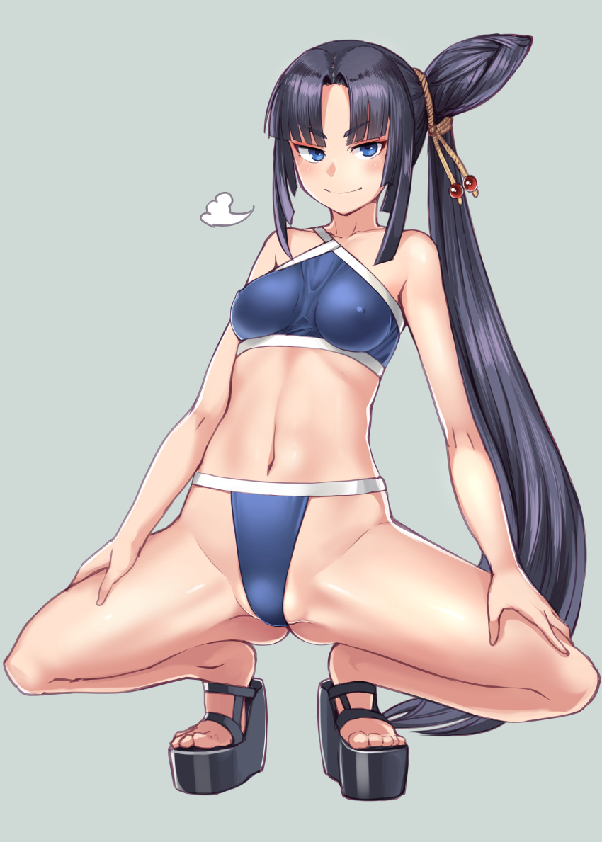 absurdres ass bikini black_hair blue_background blue_bikini blue_eyes blush bosshi breasts covered_nipples doyagao enty_reward eyeliner fate/grand_order fate_(series) female full_body groin hair_ornament highres long_hair looking_at_viewer makeup navel paid_reward platform_footwear sandals side_ponytail simple_background smug solo spread_legs squatting swimsuit tiptoes ushiwakamaru_(fate) ushiwakamaru_(swimsuit_assassin)_(fate) ushiwakamaru_(swimsuit_assassin)_(first_ascension)_(fate) very_long_hair wedge_heels