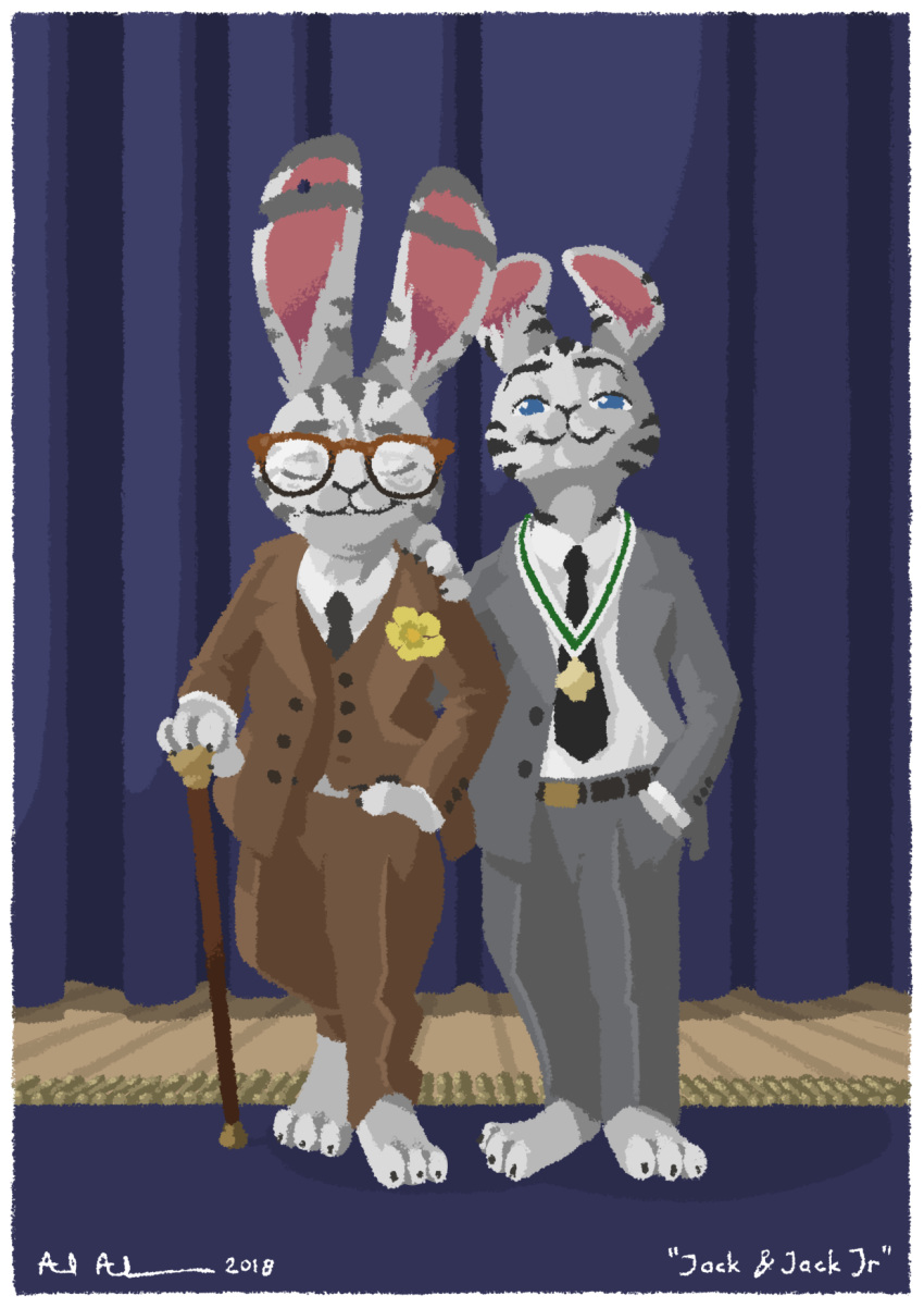 2018 alpha_channel anthro axelegandersson barefoot belt blue_eyes border bottomwear cane closed_eyes clothed clothing disney duo ear_markings eyewear facial_markings feet fully_clothed glasses hand_in_pocket hand_on_shoulder head_markings hi_res inside jack_savage lagomorph leporid mammal markings medal necktie pants pockets rabbit smile standing suit transparent_border zootopia