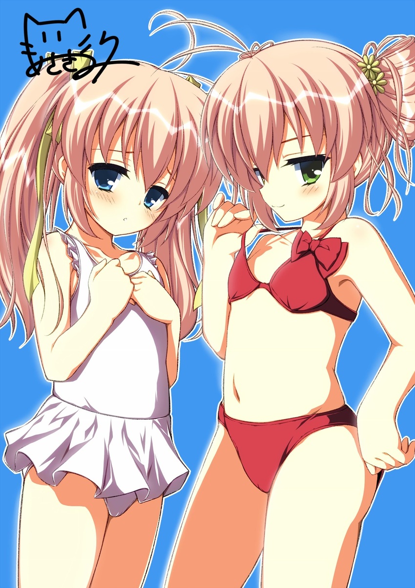 2girls ahoge antenna_hair asagi_nanami bad_id bad_twitter_id bikini bikini_pull blue_background blue_eyes casual_one-piece_swimsuit clothes_pull commentary_request double_bun flat_chest green_eyes hair_bun hajimete_no_orusuban highres long_hair looking_at_viewer mizuki_saori mizuki_shiori multiple_girls navel official_art one-piece_swimsuit pink_hair pulling_own_clothes red_bikini ribbon signature simple_background single_hair_bun skirt smile swimsuit swimsuit_skirt thighs twintails white_skirt