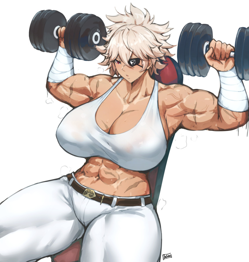 abs armpits artist_name bandaged_arm bandages batako_(batakoart) belt blonde_hair blush breasts breathing brown_belt chair cleavage covered_nipples cowboy_shot dark-skinned_female dark_skin debonair_diamond dumbbell exercising eyepatch female hair_between_eyes highres huge_breasts looking_down mature_female motion_lines muscular muscular_female navel nose_blush pants red_eyes red_hood_(kawaguchi) scar scar_on_arm scar_on_stomach serious short_hair simple_background sitting solo spiked_hair sports_bra steaming_body taut_clothes thick_neck thick_thighs thigh_gap thighs weightlifting white_background white_pants white_sports_bra