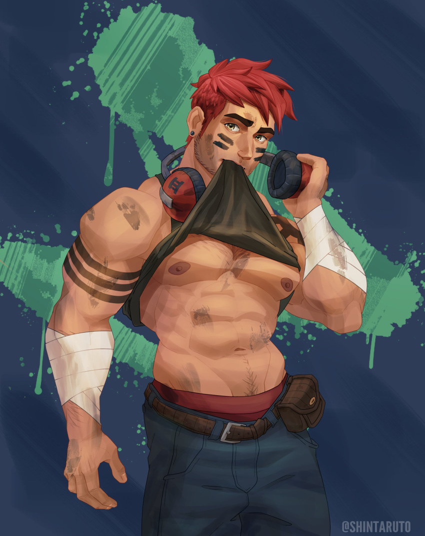 1boy abs absurdres arm_tattoo bara beard black_tank_top borrowed_character chest_hair clothes_in_mouth clothes_lift denim dirty dirty_face draw_this_in_your_style_challenge ear_piercing eye_black facial_hair feet_out_of_frame head_tilt headphones headphones_around_neck highres jeans large_pectorals lifting_own_clothes long_sideburns looking_at_viewer male_focus male_underwear male_underwear_peek mouth_hold muscular muscular_male navel navel_hair nipples orange_hair original pants pectorals piercing red_male_underwear sanderson_(mochiiros) shintaruto shirt_in_mouth shirt_lift short_hair sideburns smile solo sparkle stomach stubble tank_top tattoo thick_eyebrows underpec underwear yellow_eyes