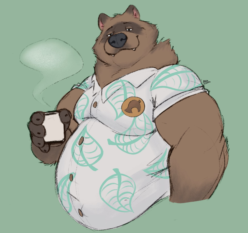 2020 animal_crossing anthro belly beverage big_belly brown_body brown_fur canid canine clothing coffee cute_fangs fur green_background hi_res humanoid_hands male mammal minedoo nintendo overweight overweight_anthro overweight_male raccoon_dog shirt simple_background solo tanuki tom_nook_(animal_crossing) topwear