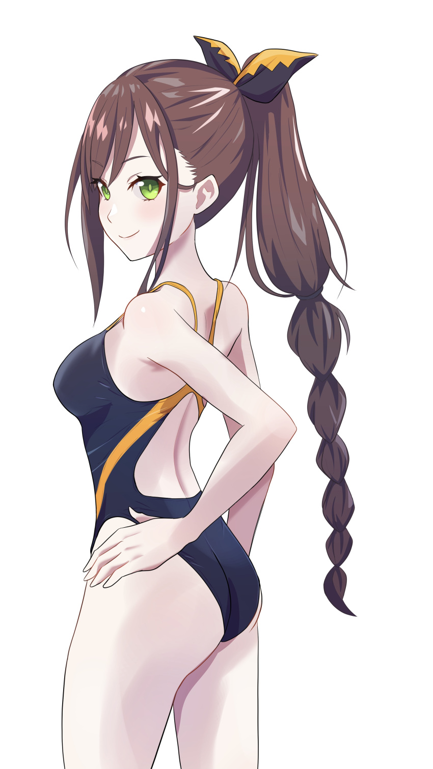 absurdres ass brown_hair camui1104 commentary competition_swimsuit female green_eyes hand_on_own_hip highres long_hair looking_at_viewer multi-tied_hair multicolored_clothes multicolored_swimsuit one-piece_swimsuit ponytail re:zero_kara_hajimeru_isekai_seikatsu shaula_(re:zero) simple_background solo standing swimsuit white_background