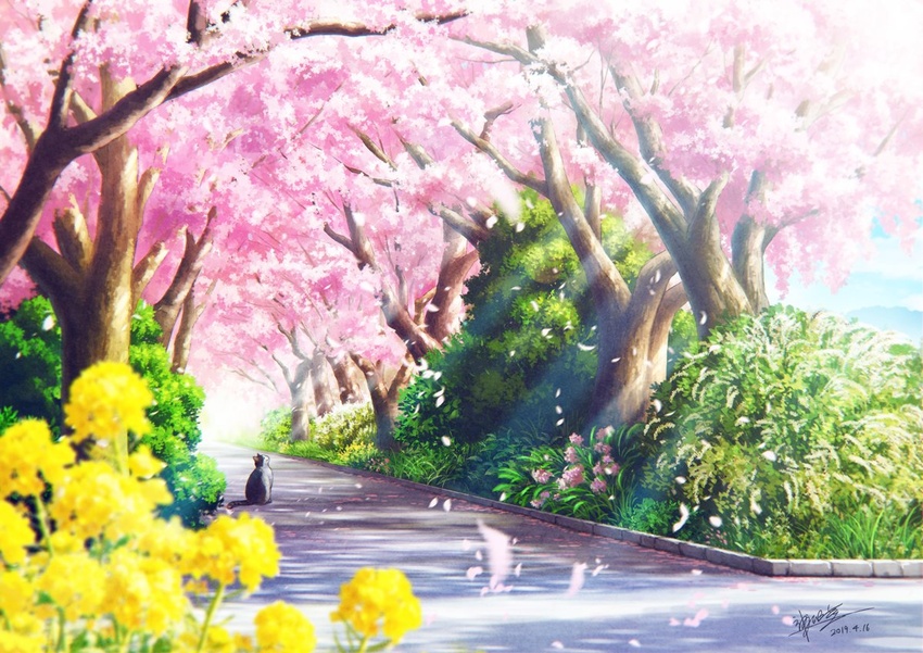 blue_sky blurry blurry_foreground bush cherry_blossoms cloud cloudy_sky commentary_request dappled_sunlight dated day fantasy feline horizon kaminaga_mutsumi looking_up no_humans original outdoors road scenery signature sky sunlight tree vanishing_point