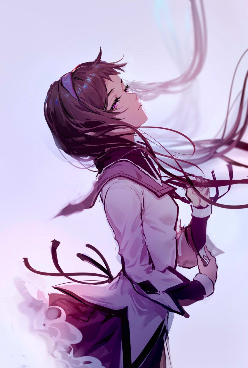 ahivemind akemi_homura akemi_homura_(magical_girl) black_ribbon brown_hair closed_mouth collared_shirt female floating_hair from_side grey_background hairband half-closed_eyes highres long_hair long_sleeves looking_at_viewer looking_to_the_side mahou_shoujo_madoka_magica mahou_shoujo_madoka_magica_(anime) miniskirt purple_eyes purple_hairband purple_sailor_collar purple_skirt ribbon sailor_collar sailor_shirt shirt skirt solo twintails white_shirt