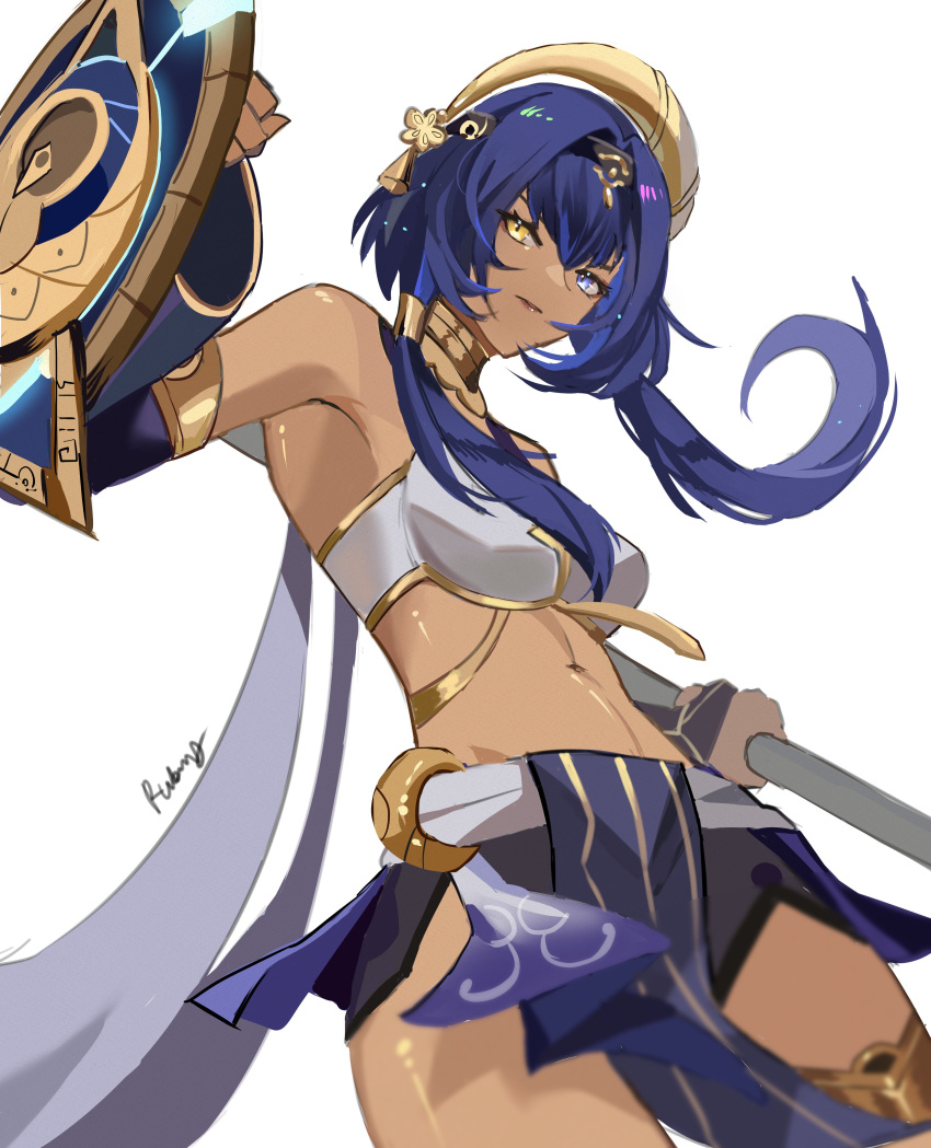 absurdres artist_name bare_shoulders blue_eyes bridal_gauntlets candace_(genshin_impact) crop_top dark-skinned_female dark_skin egyptian egyptian_clothes eye_of_horus female floating_hair from_below genshin_impact hair_ornament hair_over_shoulder hair_tubes heterochromia highres holding holding_polearm holding_shield holding_weapon lips looking_at_viewer navel parted_lips polearm rudang shield short_hair_with_long_locks simple_background solo stomach thighs twintails weapon white_background yellow_eyes