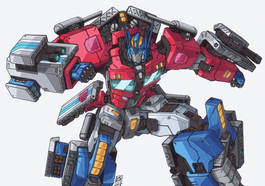 1boy absurdres autobot blue_eyes clenched_hands english_commentary highres insignia lextodrawstuff looking_to_the_side mecha missile_pod no_humans optimus_prime robot science_fiction signature solo transformers white_background