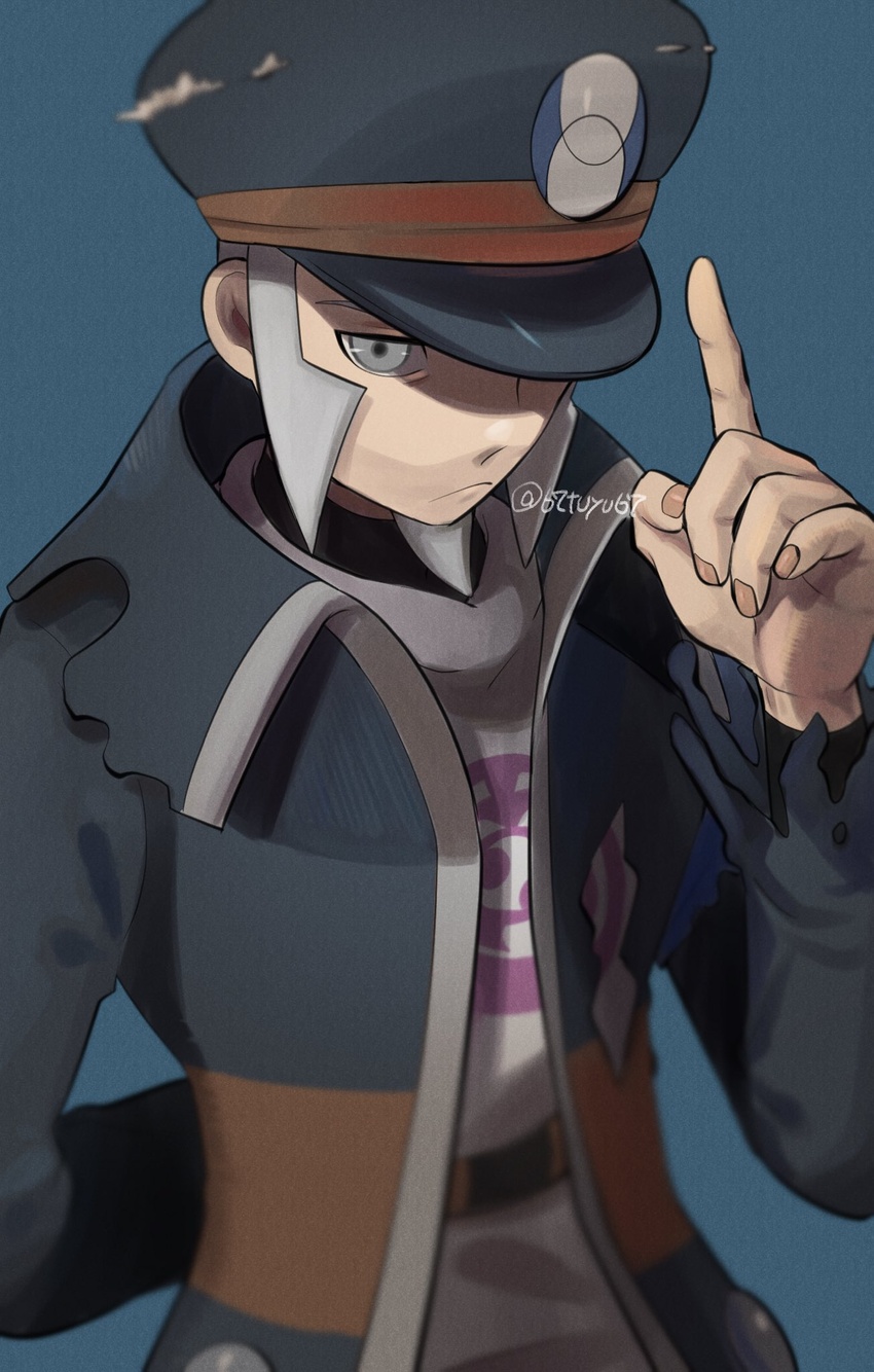 1boy bad_id bad_twitter_id black_coat black_hat blue_background blurry closed_mouth coat commentary_request frown grey_eyes grey_hair hand_up hat high_collar highres ingo_(pokemon) long_sideburns male_focus peaked_cap pearl_clan_outfit pokemon pokemon_legends:_arceus short_hair sideburns simple_background solo trench_coat twitter_username yukifuri_tsuyu