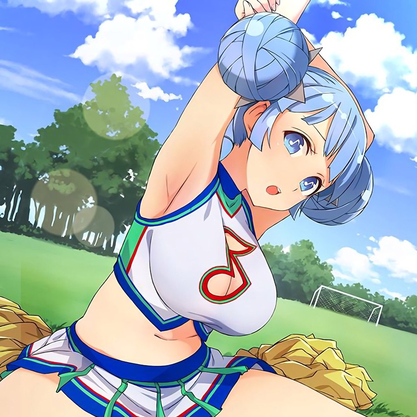 armpits bad_link blue_eyes blue_hair blue_sky blunt_bangs breasts cheerleader cleavage cleavage_cutout clothing_cutout cloud crop_top day double_bun eighth_note female field forest goal grass hair_bun hair_ornament highres kanon_(senran_kagura) large_breasts leaf looking_at_viewer midriff miniskirt musical_note musical_note-shaped_pupils musical_note_cutout nature navel official_art open_mouth outdoors pleated_skirt pom_pom_(cheerleading) senran_kagura senran_kagura_new_wave short_hair shuriken shuriken_hair_ornament skirt sky sleeveless soccer_field solo stretching sunlight symbol-shaped_pupils tree weapon white_skirt yaegashi_nan