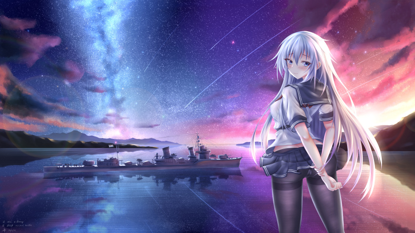 absurdres annotated aperture ass big_dipper black_pantyhose black_sailor_collar breasts cannon cassiopeia_(constellation) chinese_commentary commentary_request constellation dated destroyer female hand_on_own_arm hibiki_(destroyer) hibiki_(kancolle) highres historical_name_connection holding_own_arm kantai_collection long_hair looking_at_viewer looking_back lyrics medium_breasts military military_vehicle milky_way name_connection night night_sky object_namesake outdoors panties panties_under_pantyhose pantyhose polaris_(star) russian_text sailor_collar scenery seascape ship shooting_star short_sleeves signature sky smile smokestack solo soviet_navy_flag standing star_(sky) summer thighband_pantyhose torpedo_tubes translation_request turret twilight underwear ursa_minor_(constellation) vehicle_and_personification verniy_(kancolle) warship watercraft white_hair