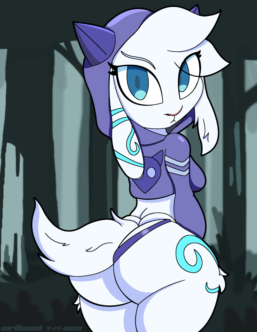 absurd_res anthro ass big_butt blue_eyes bovid breasts caprine clothed clothing colored dated digital_drawing_(artwork) digital_media_(artwork) female female_anthro fluffy forest frown fur gorilladash hi_res hoodie horn innocence kindred_(lol) lamb_(lol) league_of_legends magic mammal plant riot_games sheep solo tencent thick_thighs thong topwear tree underwear white_body white_fur