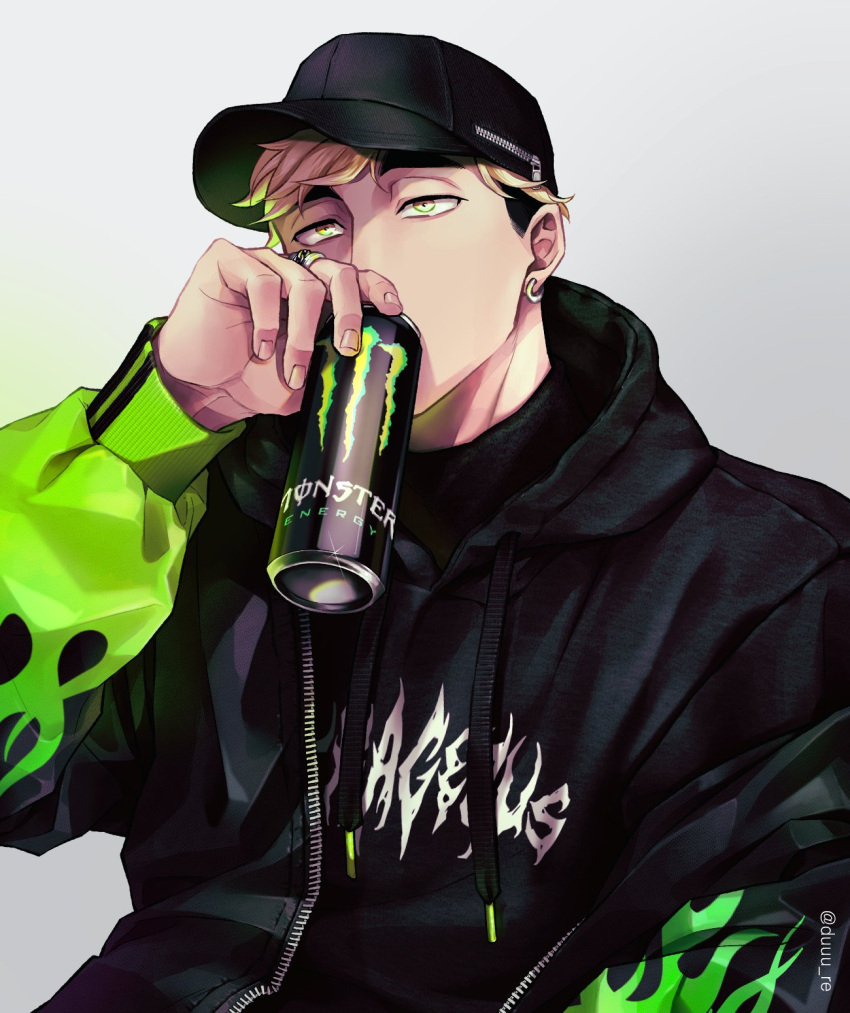 1boy alternate_eye_color baseball_cap black_hoodie black_jacket blonde_hair can drinking duuu_re earrings energy_drink green_eyes green_jacket haikyuu!! hat highres holding holding_can hood hood_down hoodie jacket jewelry male_focus miya_atsumu monster_energy multicolored_clothes multicolored_jacket off_shoulder open_clothes open_jacket ring short_hair solo twitter_username two-tone_jacket undercut upper_body