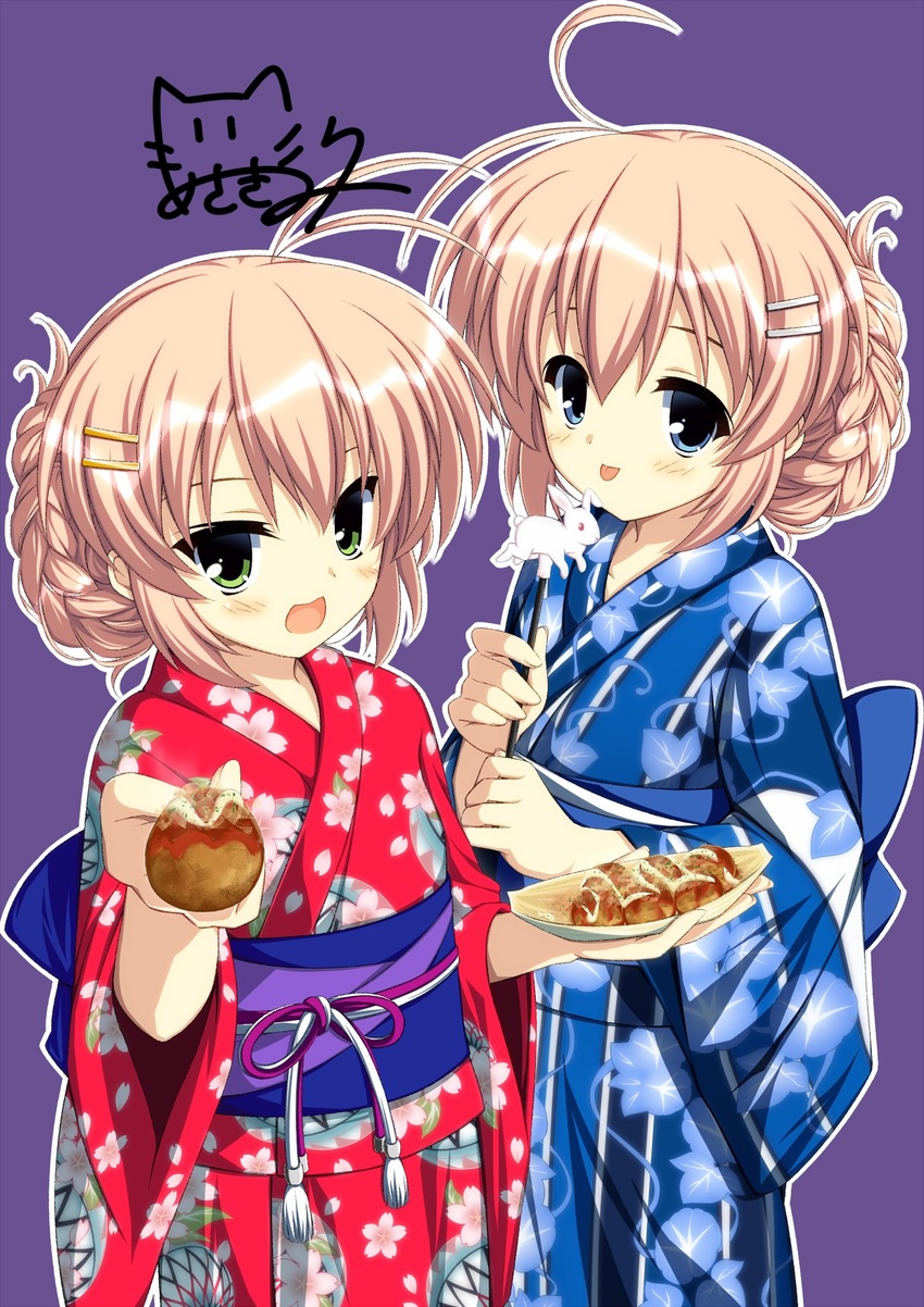 2girls :p ahoge antenna_hair asagi_nanami bad_id bad_twitter_id blue_eyes blue_kimono braid commentary_request floral_print food green_eyes hair_ornament hairclip hajimete_no_orusuban highres japanese_clothes kimono long_hair mizuki_saori mizuki_shiori multiple_girls obi official_art open_mouth pink_hair print_kimono purple_background red_kimono sash siblings signature simple_background sisters smile tongue tongue_out twins