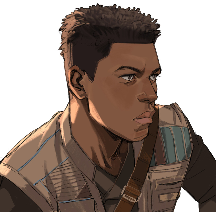 1boy absurdres animification bad_id bad_twitter_id brown_eyes brown_hair brown_jacket brown_shirt closed_mouth commentary dark-skinned_male dark_skin english_commentary finn_(star_wars) from_side highres jacket lips male_focus serious shirt short_hair simple_background solo star_wars thisuserisalive upper_body white_background