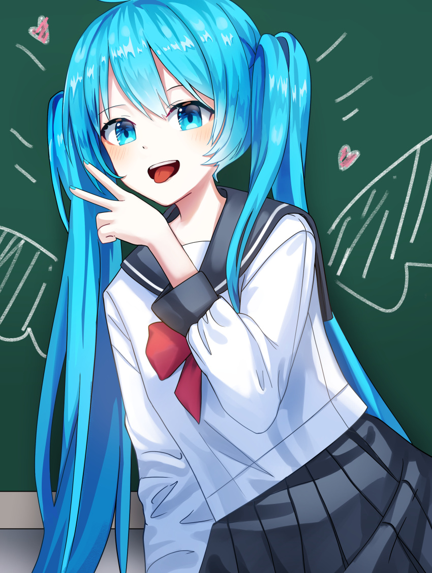 :d absurdres blue_eyes blue_hair blue_nails chalkboard collared_shirt commentary drawn_wings female grey_sailor_collar grey_skirt hair_between_eyes happy hatsune_miku heart highres ille_(xcpa7325) long_hair long_sleeves nail_polish neckerchief open_mouth pleated_skirt red_neckerchief sailor_collar sailor_shirt school_uniform serafuku shirt skirt smile solo tongue tongue_out twintails v very_long_hair vocaloid white_shirt