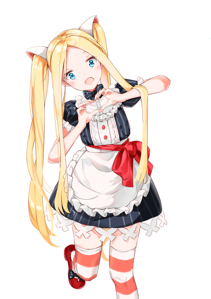 :d abigail_williams_(fate) absurdres apron black_dress blonde_hair blue_eyes bow commentary dress eyebrows_hidden_by_hair fate/grand_order fate_(series) female forehead frilled_apron frills head_tilt heart heart_hands highres long_hair puffy_short_sleeves puffy_sleeves red_bow red_footwear shoes short_sleeves simple_background smile solo striped_clothes striped_dress striped_thighhighs thighhighs twintails vertical-striped_clothes vertical-striped_dress very_long_hair waist_apron white_apron white_background yukaa