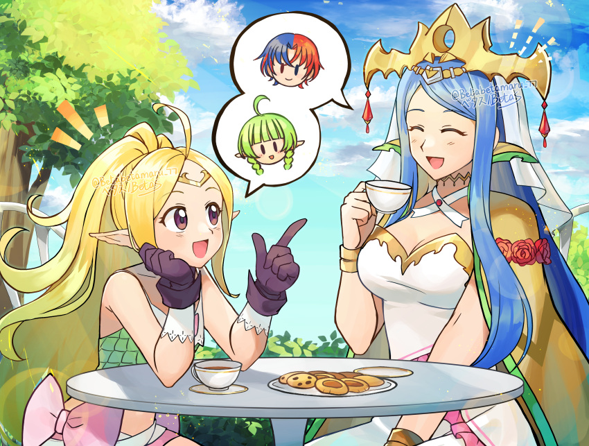 2girls :d ^_^ absurdres alear_(fire_emblem) alear_(male)_(fire_emblem) betabetamaru blonde_hair blue_hair closed_eyes cloud commentary_request cookie cup fire_emblem fire_emblem_awakening fire_emblem_engage food highres holding holding_cup lumera_(fire_emblem) multiple_girls nah_(fire_emblem) nowi_(fire_emblem) open_mouth outdoors ponytail sitting smile table talking