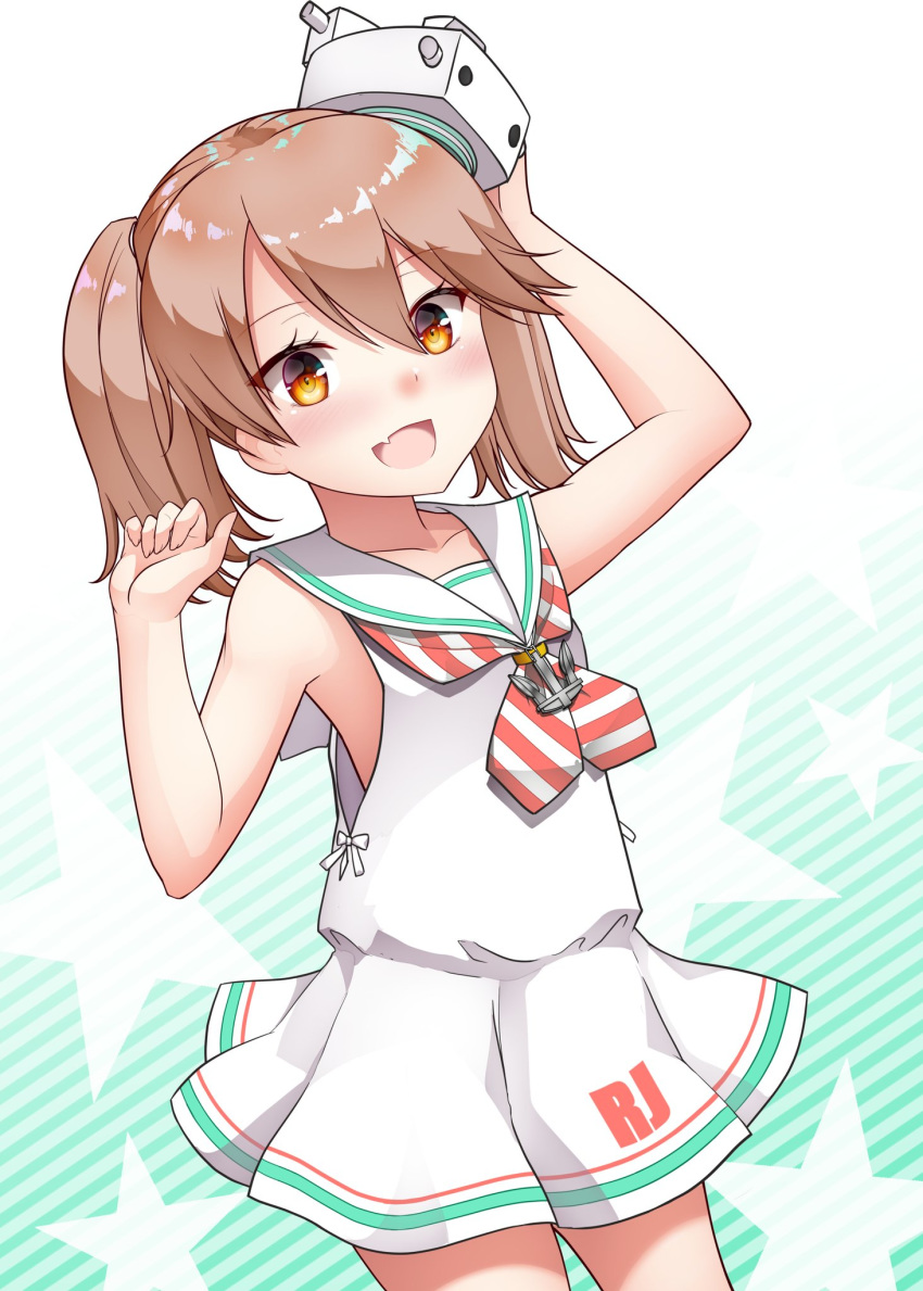 :d anchor_necklace arm_up bad_id bad_twitter_id bare_arms bare_shoulders blush brown_eyes brown_hair character_name collarbone cosplay cowboy_shot diagonal-striped_clothes diagonal-striped_neckerchief dress female fingernails gradient_background hair_between_eyes hand_up hat highres jewelry kantai_collection kirigakure_(kirigakure_tantei_jimusho) libeccio_(kancolle) libeccio_(kancolle)_(cosplay) long_hair looking_at_viewer mini_hat neckerchief necklace oerba_yun_fang open_mouth pleated_dress ribbon ryuujou_(kancolle) sailor_collar sailor_dress sleeveless sleeveless_dress smile solo star_(symbol) starry_background striped_background striped_clothes striped_neckerchief twintails white_background white_dress white_ribbon white_sailor_collar