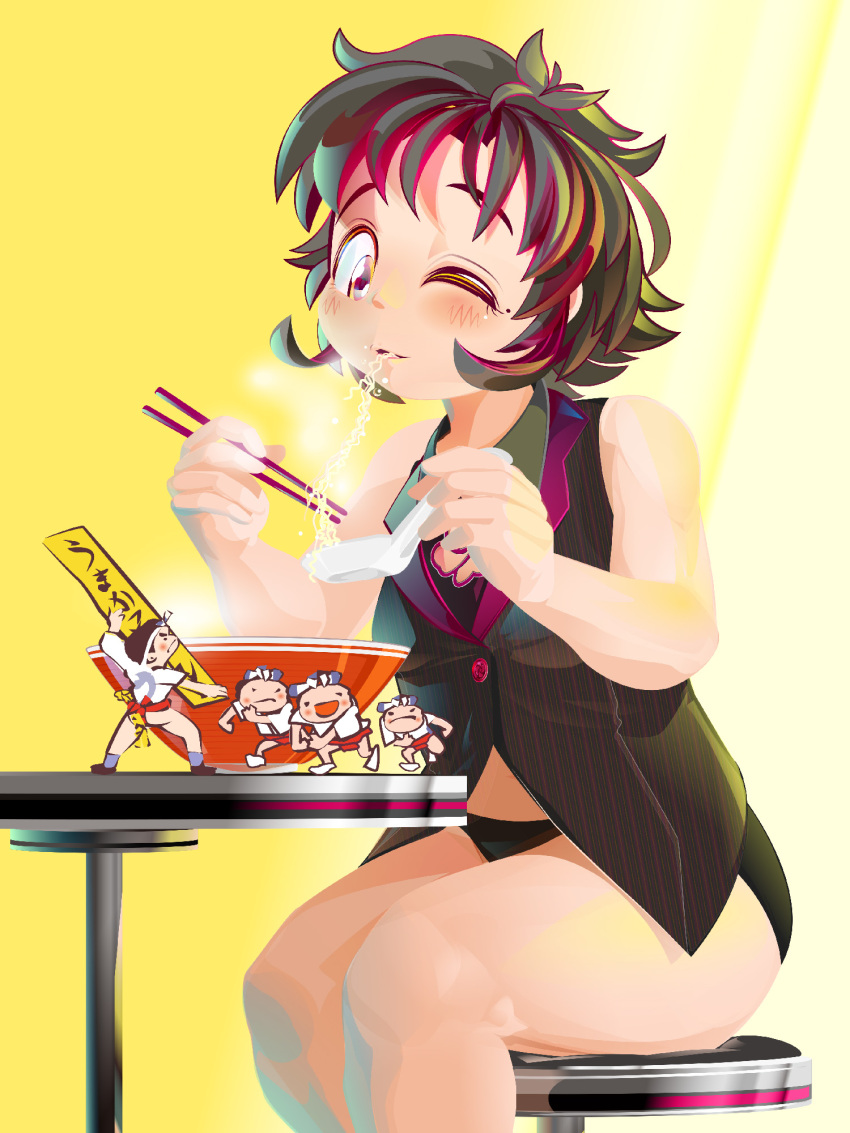 amoretta_(yukiman) black_hair black_panties black_shirt black_vest bowl breasts brown_eyes character_request chinese_spoon chopsticks collared_shirt commentary_request crop_top eating feet_out_of_frame female food highres holding holding_chopsticks holding_spoon indie_virtual_youtuber medium_breasts mole mole_under_eye multicolored_hair noodles one_eye_closed open_mouth panties ramen red_hair shirt sitting sleeveless sleeveless_shirt spoon stool streaked_hair table two-tone_hair underwear vest virtual_youtuber yukiman