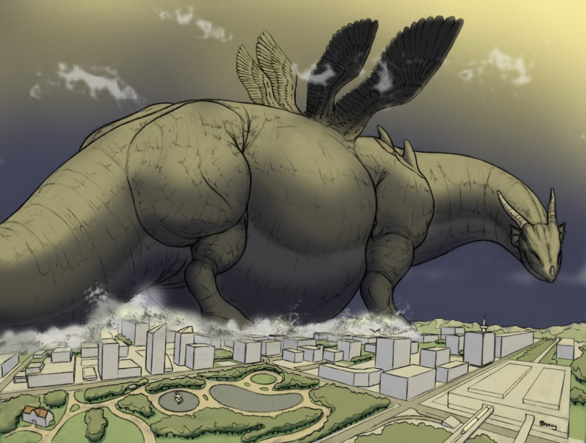 ambiguous_gender city city_crushing city_destruction destruction dragon feral landscape_dwarfing macro meanybeany multi_wing mythological_creature mythological_scalie mythology overweight scalie solo standing tail thick_tail wings