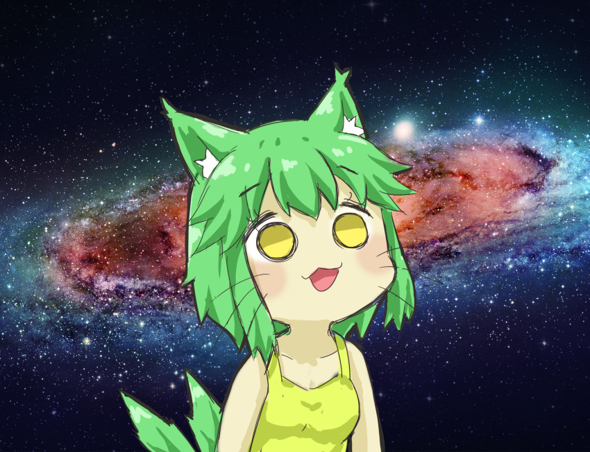 animal_ear_fluff animal_ears bad_id bad_pixiv_id breasts cat_ears cat_girl cat_tail chinese_commentary collarbone commentary english_commentary female galaxy greenteaneko greenteaneko-chan highres meme mixed-language_commentary open_mouth original photoshop_(medium) small_breasts solo space space_cat_(meme) star_(sky) tail tank_top upper_body whiskers yellow_eyes yellow_tank_top