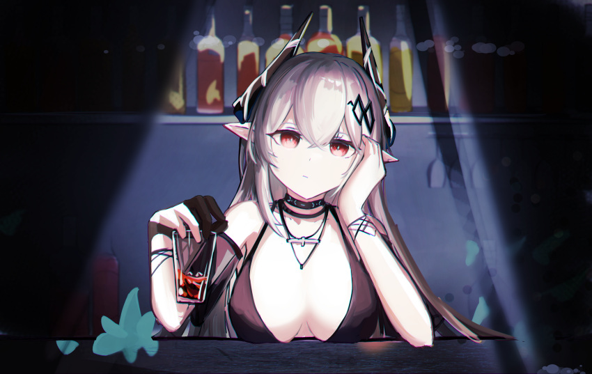 absurdres arknights bare_shoulders black_gloves bottle bracelet breasts cleavage closed_mouth collar cup detached_sleeves female gloves grey_hair hair_ornament highres holding holding_cup horns indoors infection_monitor_(arknights) jewelry large_breasts long_hair looking_at_viewer mizuhashi_parusui mudrock_(arknights) mudrock_(silent_night)_(arknights) necklace official_alternate_costume partially_fingerless_gloves pointy_ears red_eyes short_sleeves solo spotlight very_long_hair