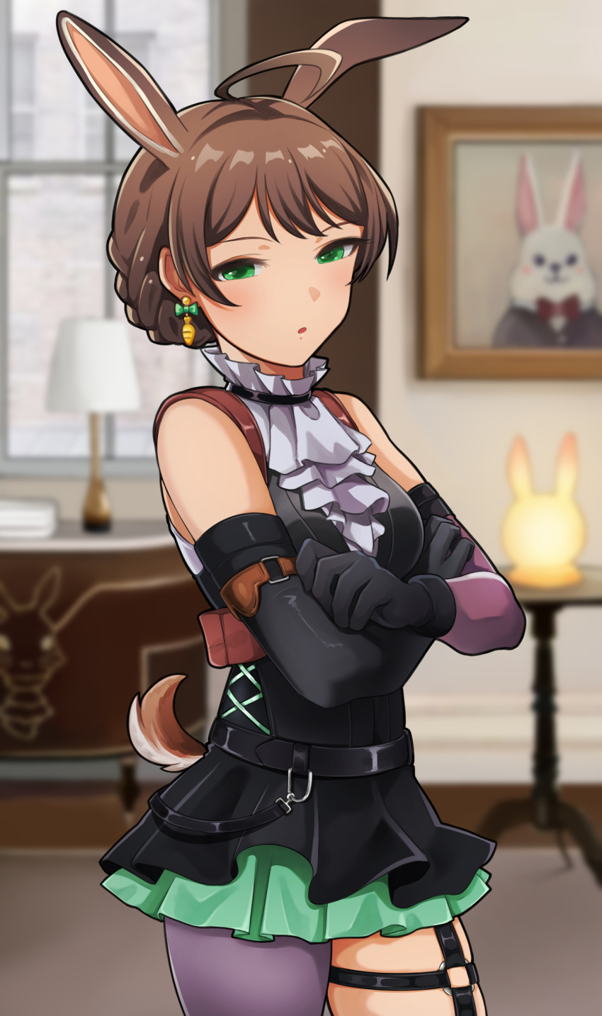 :o ahoge animal_ears asymmetrical_legwear belt black_dress black_gloves bow bowtie braid breasts brown_hair carrot_earrings center_frills cross-laced_clothes crossed_arms crown_braid detached_sleeves dress earrings female food-themed_earrings frills gloves green_eyes green_skirt half_gloves hanamasa_ono highres idolmaster idolmaster_million_live! idolmaster_million_live!_theater_days indoors jewelry lamp light_blush medium_breasts narrowed_eyes o-ring open_mouth picture_frame portrait_(object) purple_thighhighs rabbit rabbit_ears rabbit_tail red_bow red_bowtie ring sakuramori_kaori sidelocks single_thighhigh skindentation skirt solo table tail thigh_strap thighhighs window