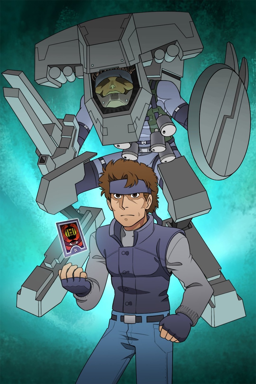 1boy armor brown_hair card commission crossover denim gloves guilhermerm headband highres jeans looking_at_viewer male_focus mask mecha metal_gear_(robot) metal_gear_(series) metal_gear_rex metal_gear_solid military military_vehicle non-humanoid_robot pants persona persona_(summon) robot science_fiction short_hair solid_snake solo super_smash_bros. tarot the_hermit_(tarot) walker_(robot) weapon