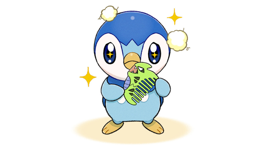 blue_eyes closed_mouth comb commentary_request holding holding_comb looking_at_viewer no_humans official_art piplup pokemon pokemon_(creature) project_pochama solo sparkle sparkling_eyes standing toes white_background