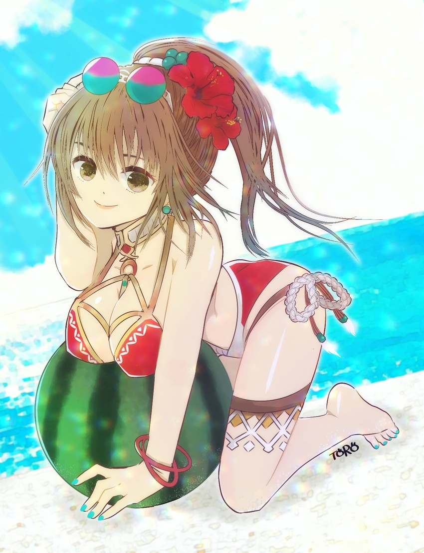 beach breasts brown_eyes brown_hair cleavage closed_mouth cloud earrings ellen_carson female flower food fruit full_body hair_flower hair_ornament highres jewelry large_breasts long_hair looking_at_viewer nail_polish ocean ponytail romancing_saga_3 saga smile solo swimsuit torokumasan watermelon