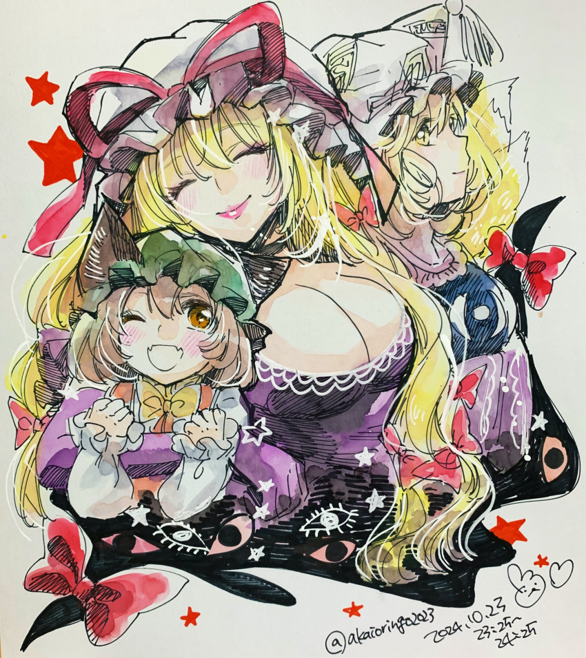 3girls absurdres akaioringo2023 animal_ears blonde_hair blush breasts brown_eyes brown_hair cat_ears cat_girl chen cleavage closed_eyes fox_girl fox_tail gloves hat highres large_breasts mob_cap multiple_girls pink_lips purple_gloves short_hair tail touhou traditional_media upper_body white_hat yakumo_ran yakumo_yukari yellow_eyes