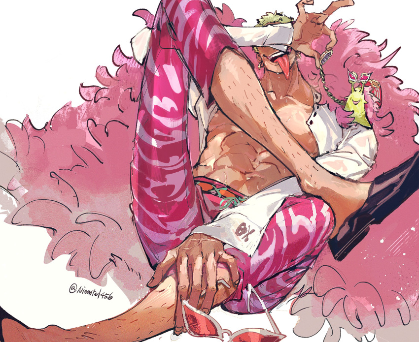 1boy abs blonde_hair coat covered_eyes crossed_legs den_den_mushi donquixote_doflamingo earrings highres holding holding_phone jewelry leg_hair male_focus muscular muscular_male niemtel456_rino one_piece open_clothes open_mouth open_shirt phone pink_coat shirt short_hair sitting smile sunglasses sweat tongue tongue_out twitter_username unworn_eyewear white_background white_shirt